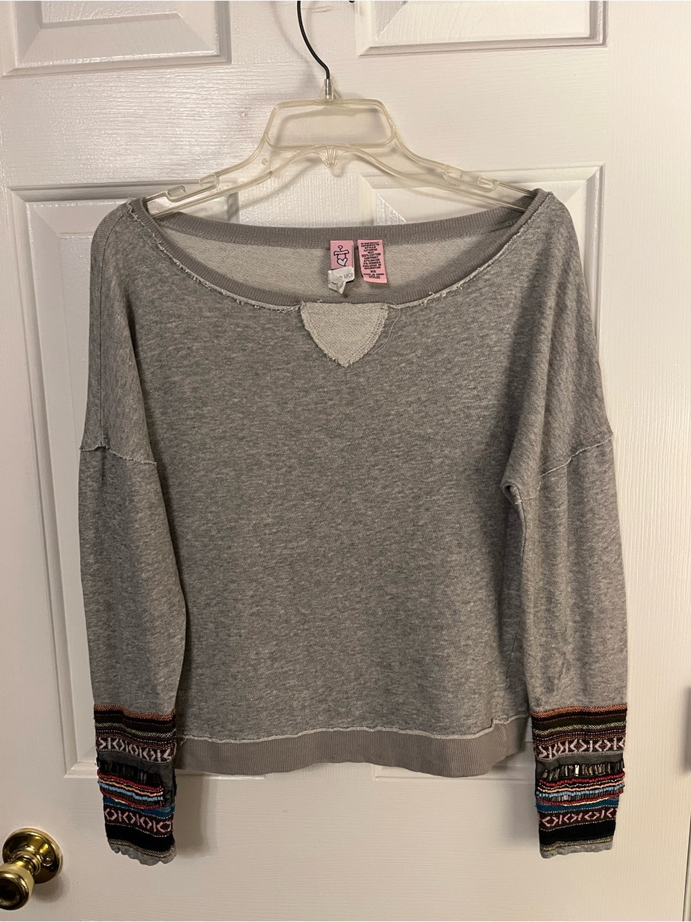 Love on a Hanger Women Off Shoulder Sweatshirt Raw Hem Tribal Western Embroiderd